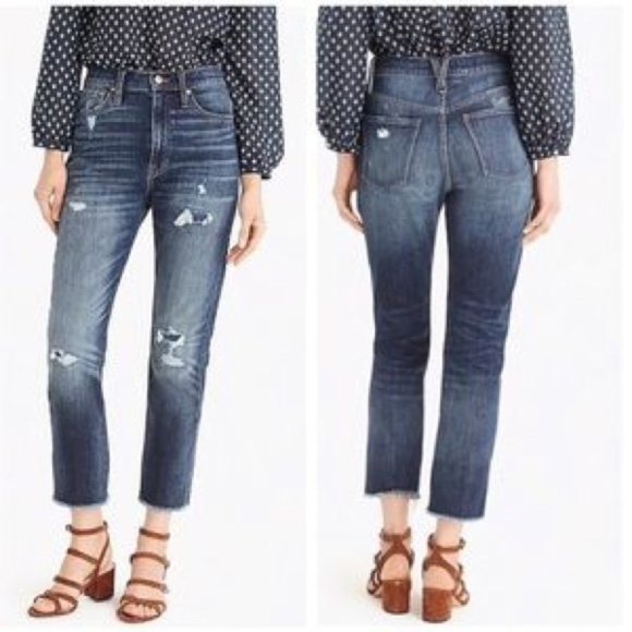 J Crew High Rise Straight Leg Distressed Ripped Ankle Cropped Blue Denim Jeans - Picture 1 of 14